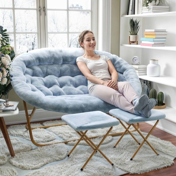 Flash Furniture Eleanor 56-in Portable Folding Double Saucer Chair w/2 Folding Ottomans, Aqua Faux Fur w/Gold Frame - FV-FDS-001-2FR-DTAQ-SGD-GG