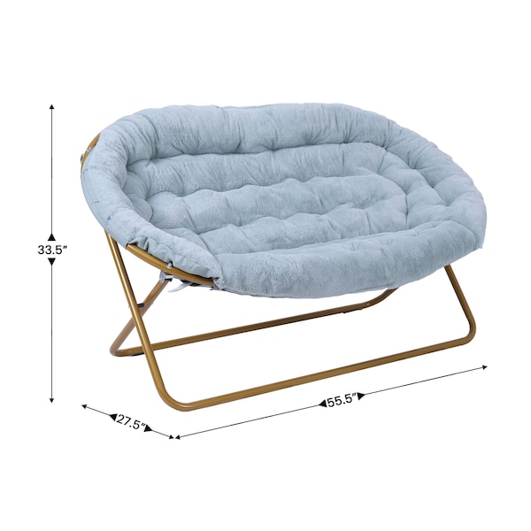 Flash Furniture Eleanor 56-in Portable Folding Double Saucer Chair w/2 Folding Ottomans, Aqua Faux Fur w/Gold Frame - FV-FDS-001-2FR-DTAQ-SGD-GG