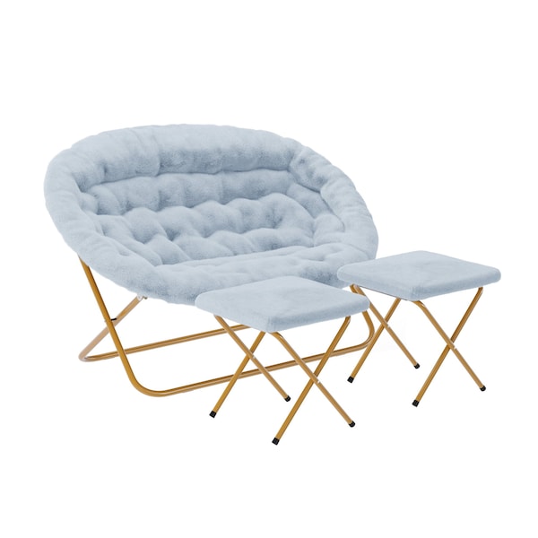 Flash Furniture Eleanor 56-in Portable Folding Double Saucer Chair w/2 Folding Ottomans, Aqua Faux Fur w/Gold Frame - FV-FDS-001-2FR-DTAQ-SGD-GG