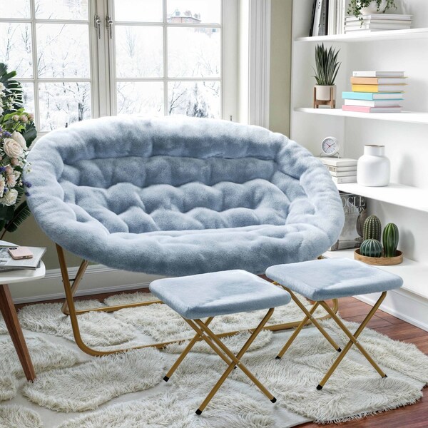 Flash Furniture Eleanor 56-in Portable Folding Double Saucer Chair w/2 Folding Ottomans, Aqua Faux Fur w/Gold Frame - FV-FDS-001-2FR-DTAQ-SGD-GG