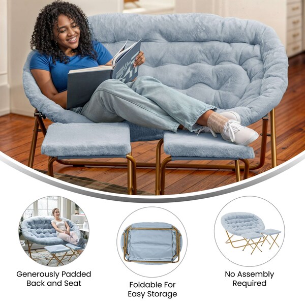 Flash Furniture Eleanor 56-in Portable Folding Double Saucer Chair w/2 Folding Ottomans, Aqua Faux Fur w/Gold Frame - FV-FDS-001-2FR-DTAQ-SGD-GG