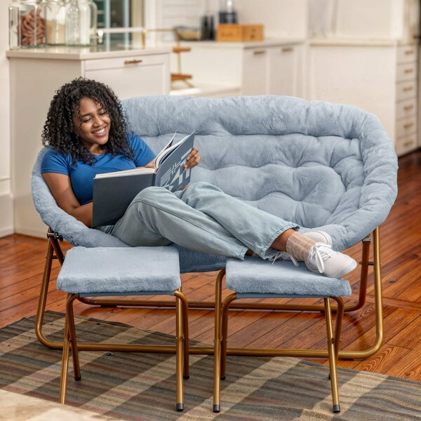 Flash Furniture Eleanor 56-in Portable Folding Double Saucer Chair w/2 Folding Ottomans, Aqua Faux Fur w/Gold Frame - FV-FDS-001-2FR-DTAQ-SGD-GG
