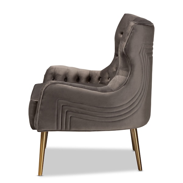 Baxton Studio Nelson Modern Luxe and Glam Grey Velvet Fabric Upholstered and Gold Finished Metal Armchair - 190-11547-ZORO