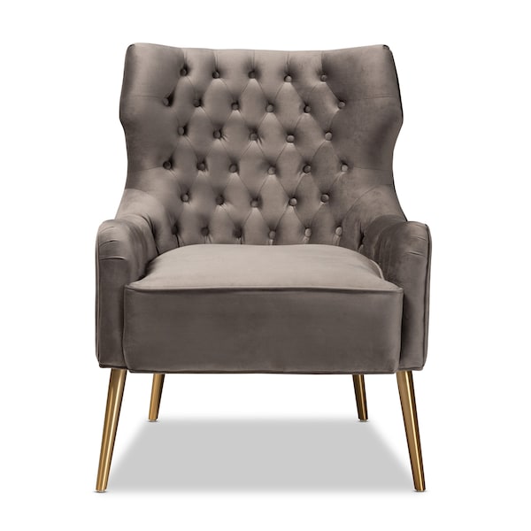 Baxton Studio Nelson Modern Luxe and Glam Grey Velvet Fabric Upholstered and Gold Finished Metal Armchair - 190-11547-ZORO