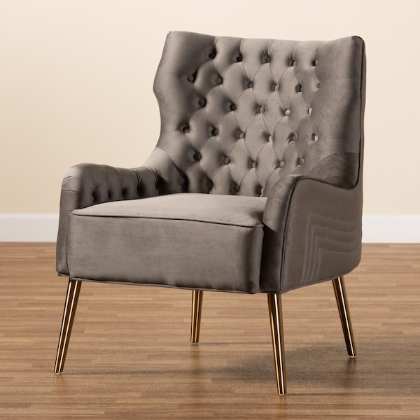 Baxton Studio Nelson Modern Luxe and Glam Grey Velvet Fabric Upholstered and Gold Finished Metal Armchair - 190-11547-ZORO