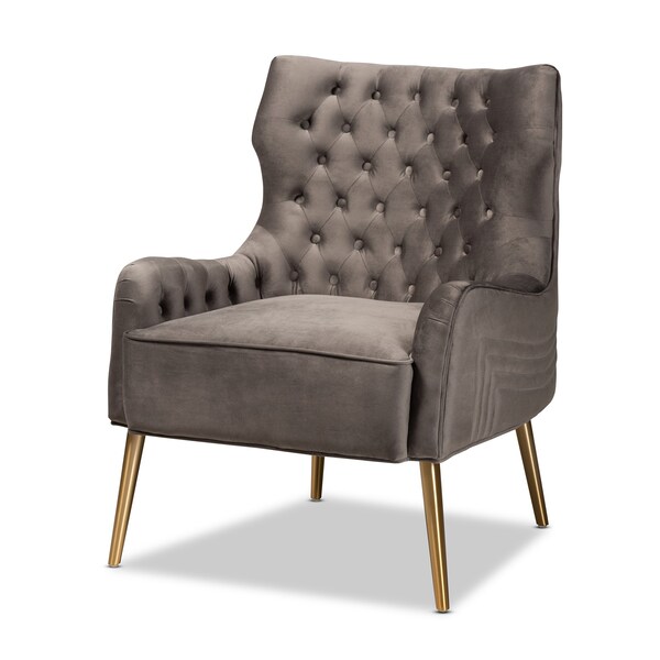 Baxton Studio Nelson Modern Luxe and Glam Grey Velvet Fabric Upholstered and Gold Finished Metal Armchair - 190-11547-ZORO