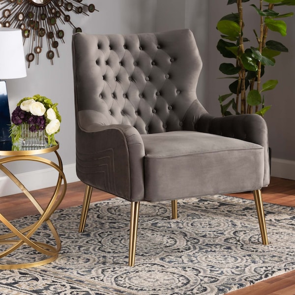 Baxton Studio Nelson Modern Luxe and Glam Grey Velvet Fabric Upholstered and Gold Finished Metal Armchair - 190-11547-ZORO
