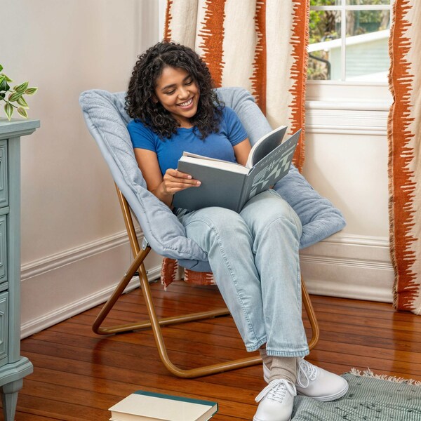 Flash Furniture Archer 28-in Oversized Portable Faux Fur Folding Saucer Chair, Dusty Aqua Faux Fur/Soft Gold Frame - FV-FSC-027-DTAQ-SGD-GG
