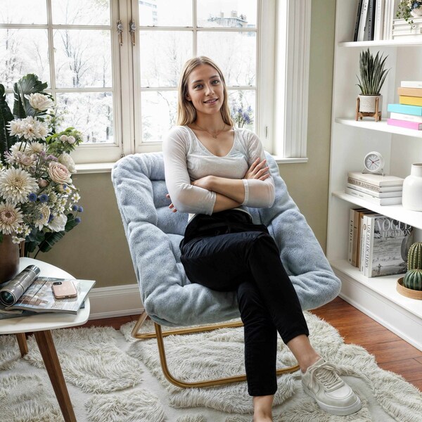 Flash Furniture Archer 28-in Oversized Portable Faux Fur Folding Saucer Chair, Dusty Aqua Faux Fur/Soft Gold Frame - FV-FSC-027-DTAQ-SGD-GG