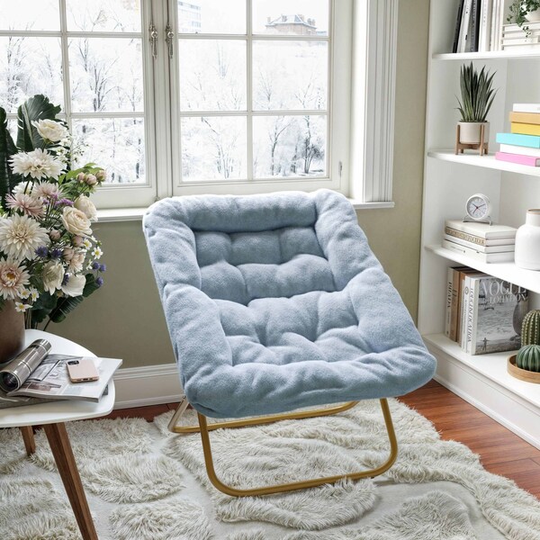 Flash Furniture Archer 28-in Oversized Portable Faux Fur Folding Saucer Chair, Dusty Aqua Faux Fur/Soft Gold Frame - FV-FSC-027-DTAQ-SGD-GG