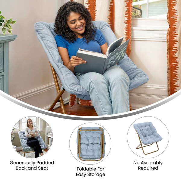 Flash Furniture Archer 28-in Oversized Portable Faux Fur Folding Saucer Chair, Dusty Aqua Faux Fur/Soft Gold Frame - FV-FSC-027-DTAQ-SGD-GG