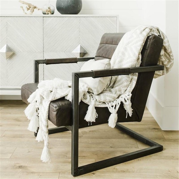 Yosemite Home Decor Emmalee Loft Leather Accent Chair with Cast Iron Base, Dark Brown - 250035