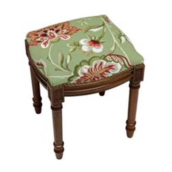 123 Creations Green Jacobean Floral Needlepoint Upholstered Vanity Stool, Wood Stain - C909GFS
