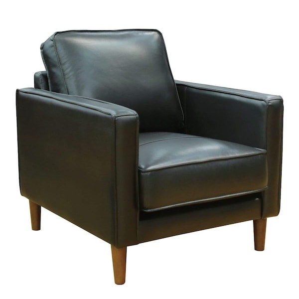 Fine-Line 32 in. Prelude Top Grain Leather Mid Century Modern Accent Armchair Black - FI2495716
