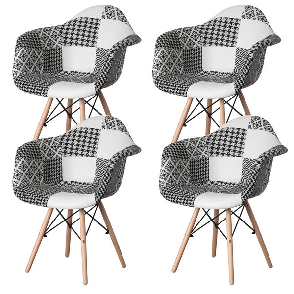 Fabulaxe Mid-Century Modern Style Fabric Lined Armchair with Beech Wooden Legs, Black and White, PK 4 - QI004325.BW.4