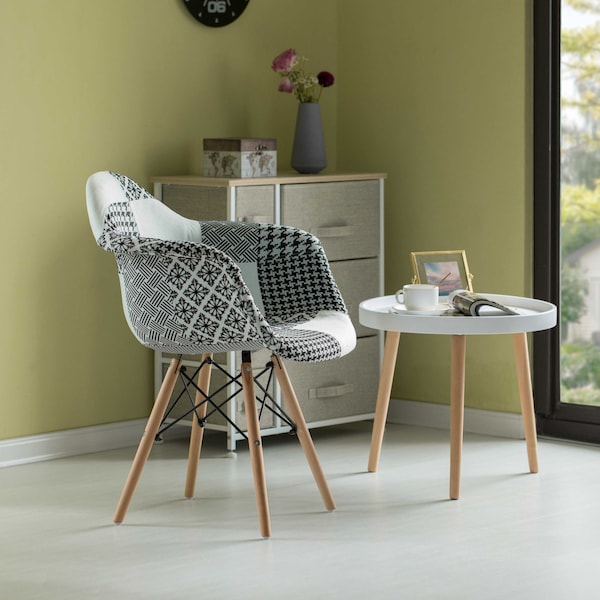 Fabulaxe Mid-Century Modern Style Fabric Lined Armchair with Beech Wooden Legs, Black and White, PK 4 - QI004325.BW.4