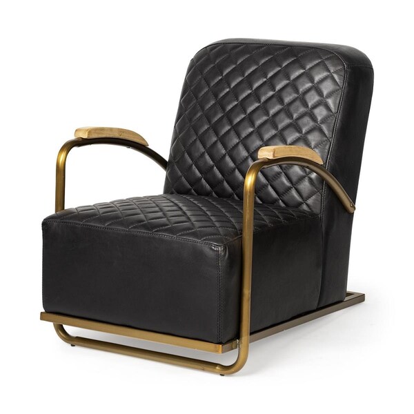 Gfancy Fixtures 31.25 x 35.5 x 26 in. Black Leather Diamond Pattern Gold Club Chair - GF3091231