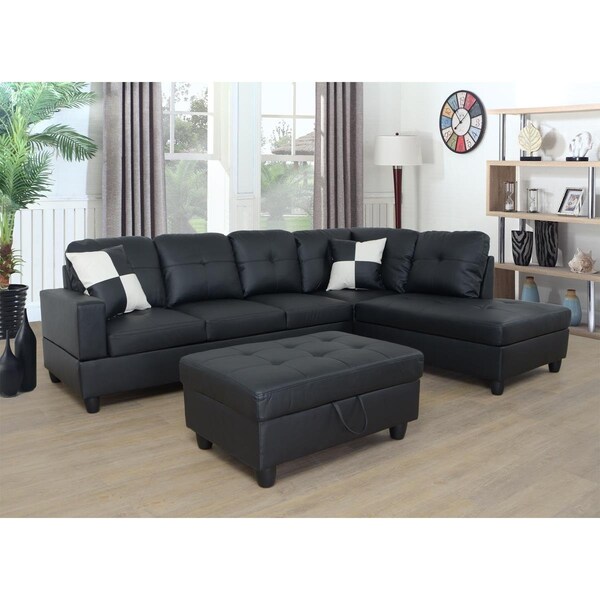 Golden Coast Furniture Right Facing Sectional Sofa Set with Ottoman  Black Faux Leather - 3 Piece - F091B