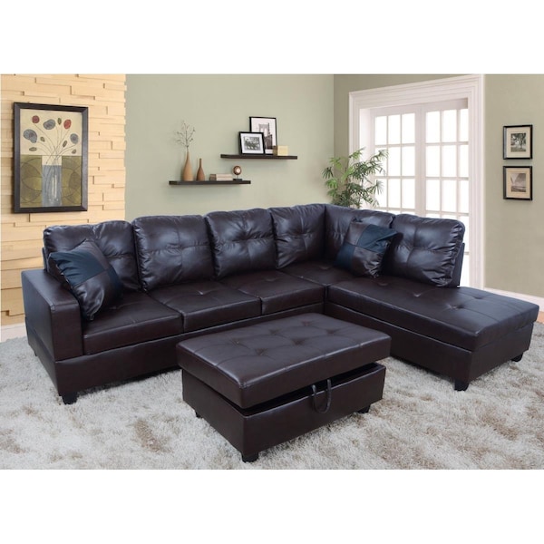 Golden Coast Furniture Right Facing Sectional Sofa Set with Ottoman, Faux Leather Brown - F093B