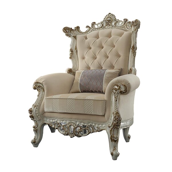 Homeroots 38 x 38 x 52 in. Fabric Antique Pearl Upholstery Poly-Resin Accent Chair with 1 Pillow - 347266