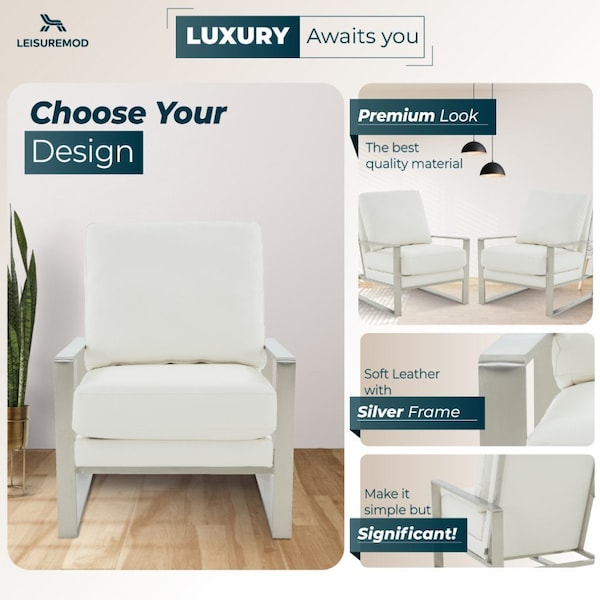 Leisuremod Jefferson Leather Modern Design Accent Armchair with Elegant Silver Frame, White - JAS29W-L