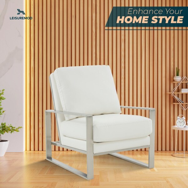 Leisuremod Jefferson Leather Modern Design Accent Armchair with Elegant Silver Frame, White - JAS29W-L