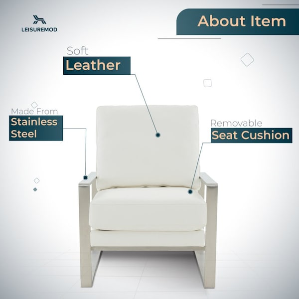 Leisuremod Jefferson Leather Modern Design Accent Armchair with Elegant Silver Frame, White - JAS29W-L