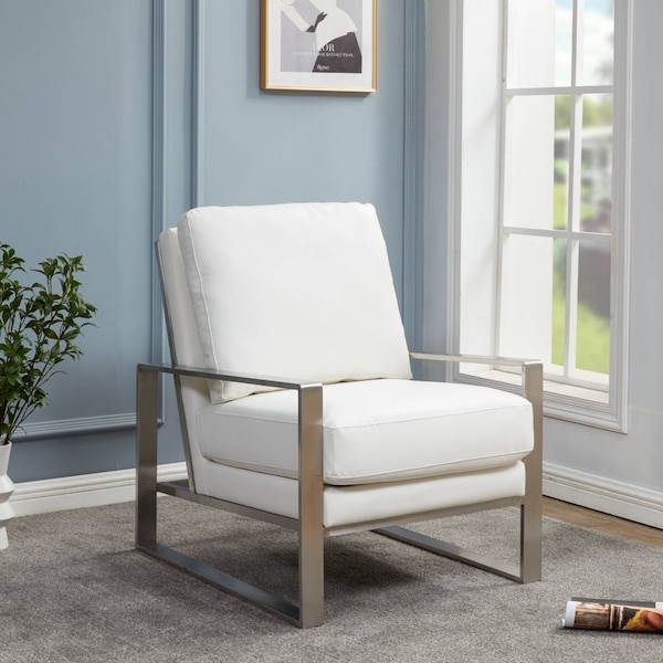 Leisuremod Jefferson Leather Modern Design Accent Armchair with Elegant Silver Frame, White - JAS29W-L