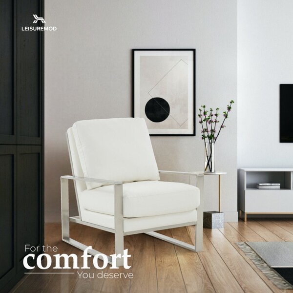 Leisuremod Jefferson Leather Modern Design Accent Armchair with Elegant Silver Frame, White - JAS29W-L