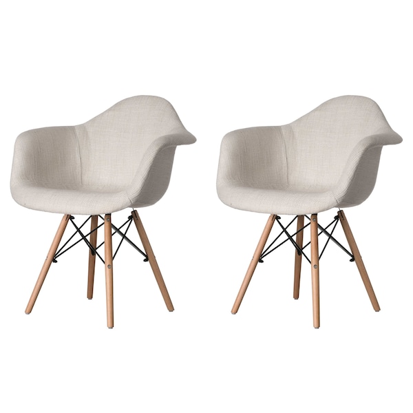 Fabulaxe Mid-Century Modern Style Fabric Lined Armchair with Beech Wooden Legs, White, PK 2 - QI004325.WT.2