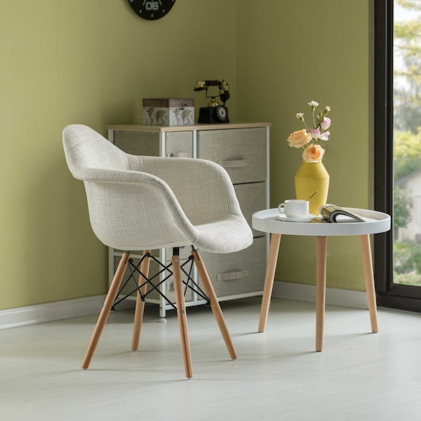 Fabulaxe Mid-Century Modern Style Fabric Lined Armchair with Beech Wooden Legs, White, PK 2 - QI004325.WT.2