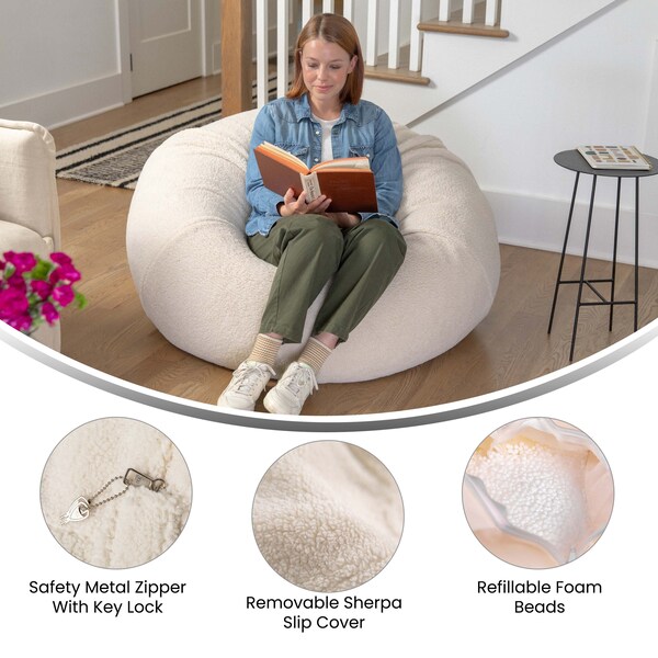 Flash Furniture Duncan Large Natural Faux Sherpa Refillable Bean Bag Chair for Kids and Teens - DG-BEAN-LARGE-SHERPA-NAT-GG