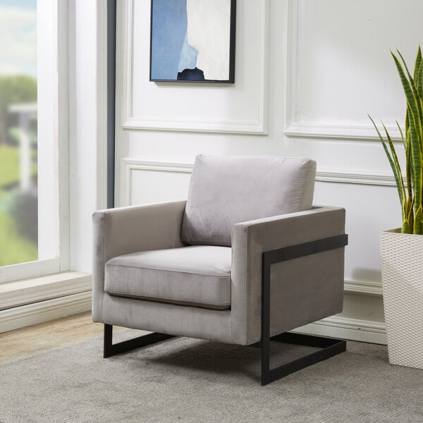 Leisuremod Lincoln Velvet Accent Armchair with Black Frame, Light Grey - LAB31LGR