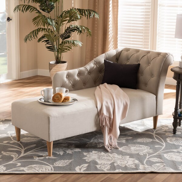 Baxton Studio Emeline Beige Upholstered Oak Finished Chaise Lounge - 157-9699