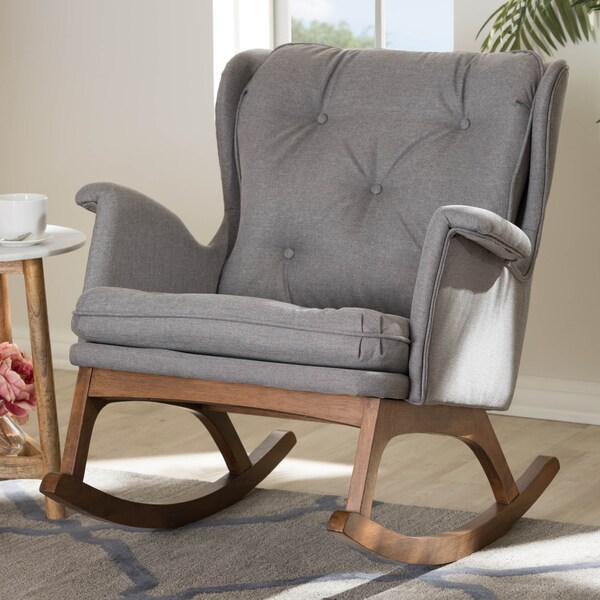 Baxton Studio Maggie Grey Upholstered Walnut-Finished Rocking Chair - 143-7847