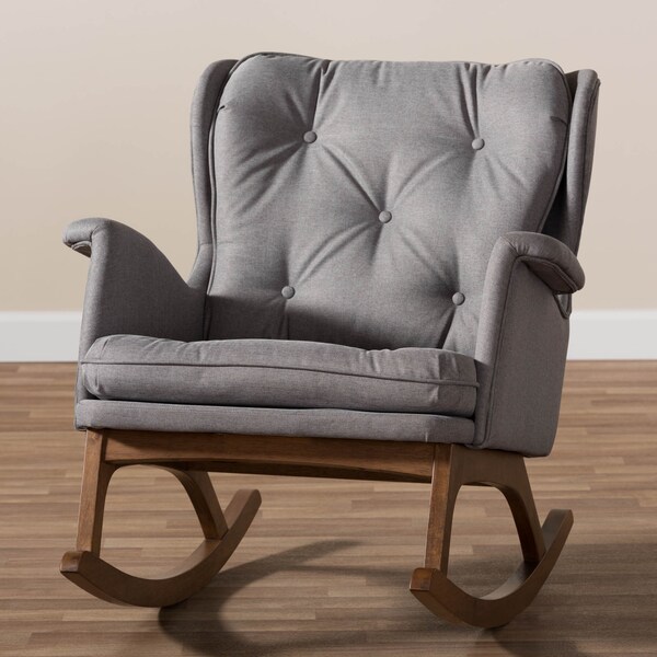 Baxton Studio Maggie Grey Upholstered Walnut-Finished Rocking Chair - 143-7847