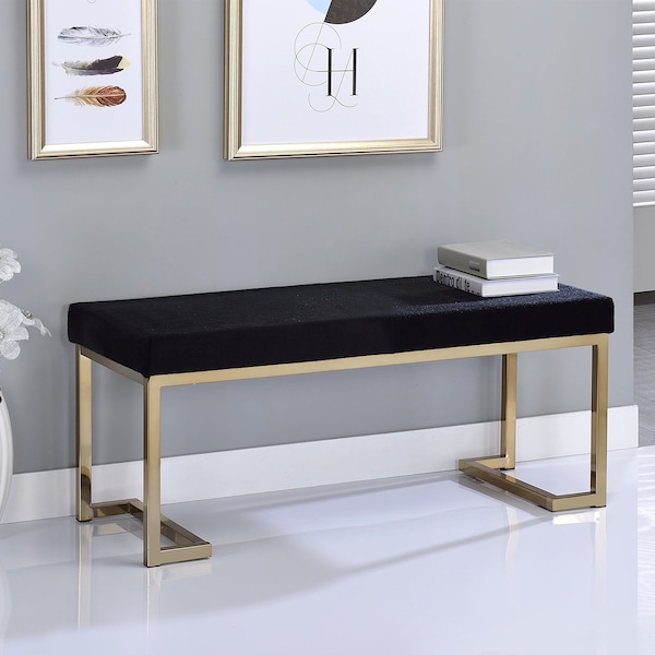 Acme Rectangular Bench with Metal Tube in Black Fabric and Champagne - ER-0147BK