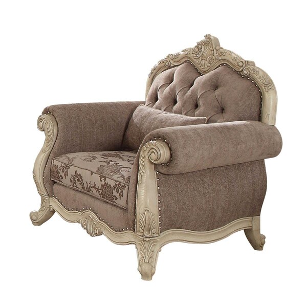 Homeroots 35 x 46 x 42 in. Gray Fabric Antique White Upholstery Poly Resin Chair with 1 Pillow - 347289