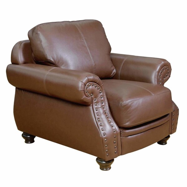Fine-Line 42 in. Charleston Top Grain Leather Rolled Arm Accent Chair with Nailheads Chestnut Brown - FI2493698