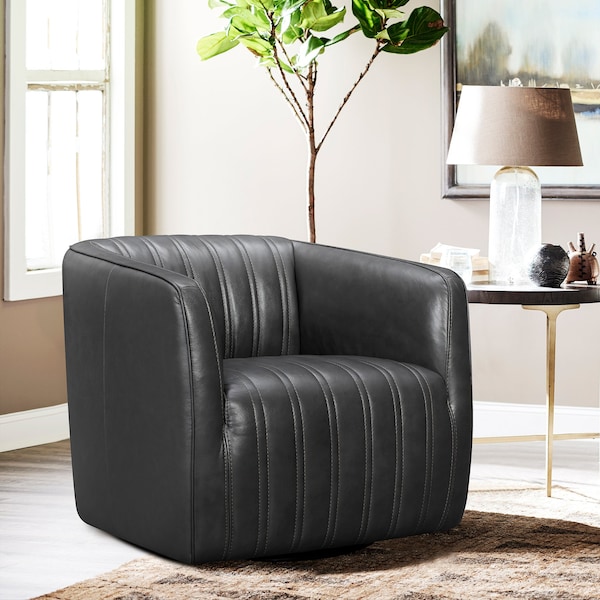 Armen Living Aries Pewter Genuine Leather Swivel Barrel Chair - LCARCHPW