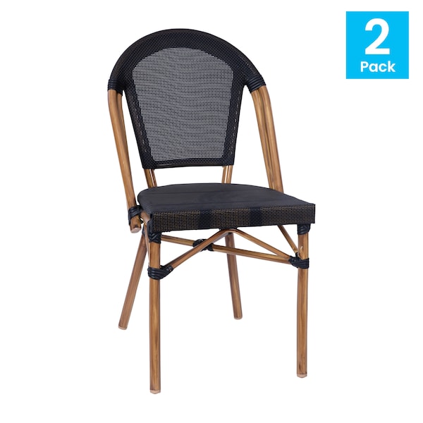 Flash Furniture Marseille French Bistro Stacking Chair, Blk Textilene Back & Seat, Aluminum Frame, Natural, 2PK - 2-SDA-AD642107-BK-NAT-GG