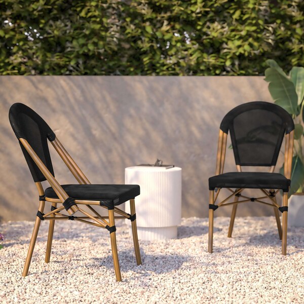Flash Furniture Marseille French Bistro Stacking Chair, Blk Textilene Back & Seat, Aluminum Frame, Natural, 2PK - 2-SDA-AD642107-BK-NAT-GG