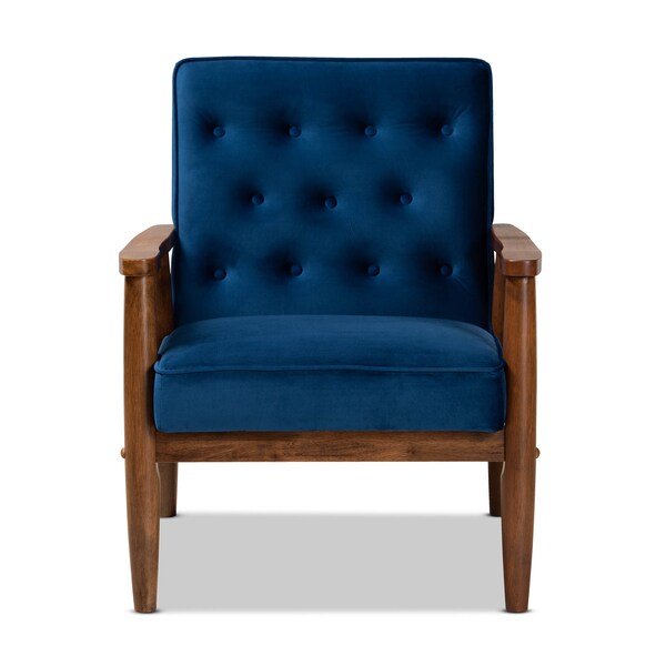 Baxton Studio Sorrento Blue Velvet Upholstered Walnut Finished Wooden Lounge Chair - 160-9938