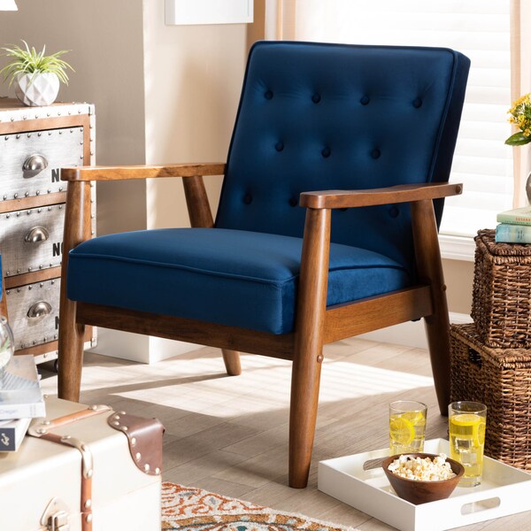 Baxton Studio Sorrento Blue Velvet Upholstered Walnut Finished Wooden Lounge Chair - 160-9938