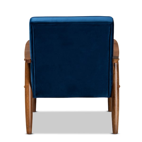Baxton Studio Sorrento Blue Velvet Upholstered Walnut Finished Wooden Lounge Chair - 160-9938