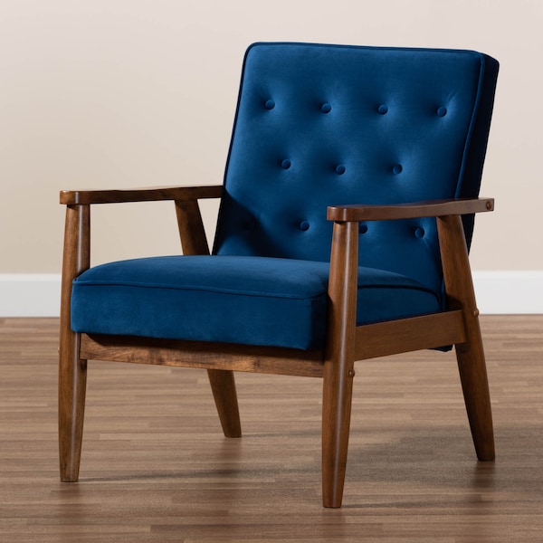 Baxton Studio Sorrento Blue Velvet Upholstered Walnut Finished Wooden Lounge Chair - 160-9938