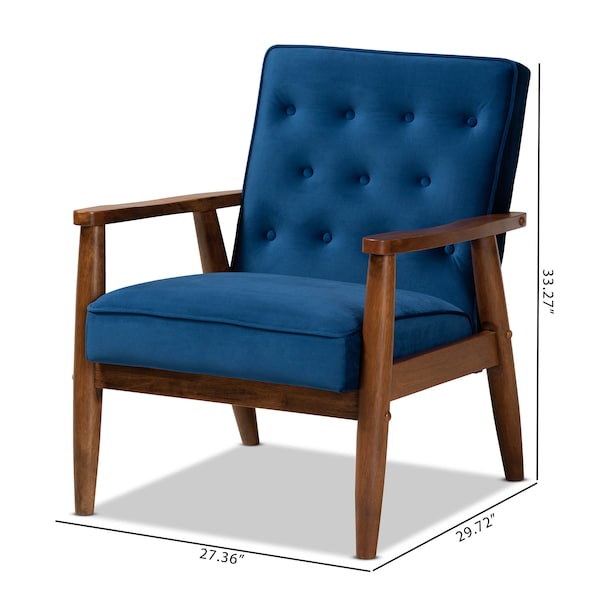 Baxton Studio Sorrento Blue Velvet Upholstered Walnut Finished Wooden Lounge Chair - 160-9938
