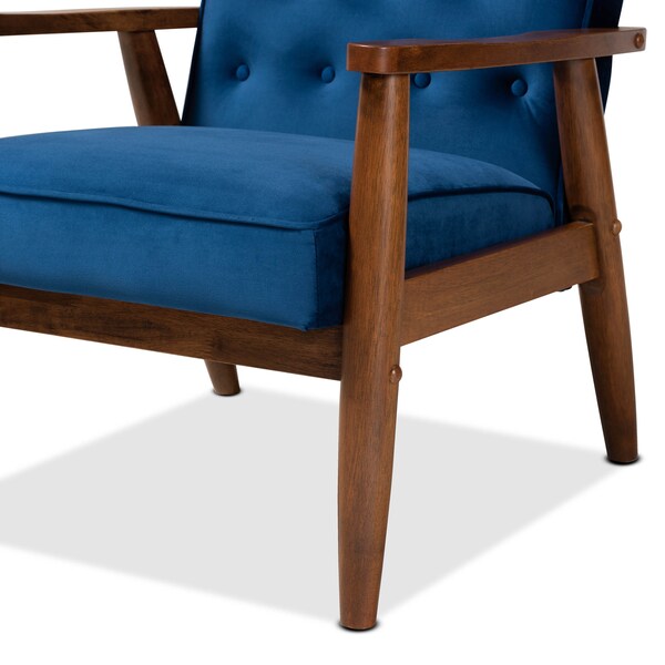 Baxton Studio Sorrento Blue Velvet Upholstered Walnut Finished Wooden Lounge Chair - 160-9938