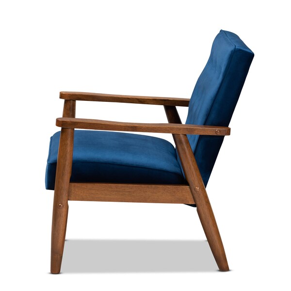 Baxton Studio Sorrento Blue Velvet Upholstered Walnut Finished Wooden Lounge Chair - 160-9938