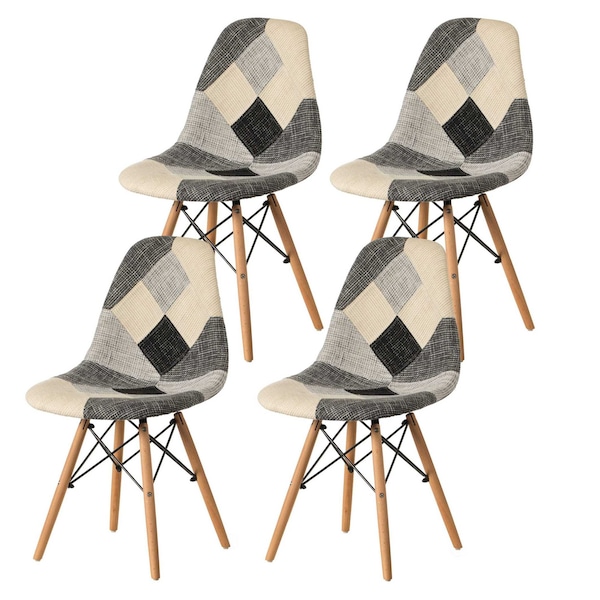 Fabulaxe Modern Black and White Patchwork Fabric Chair with Wooden Legs, PK 4 - QI004230.4